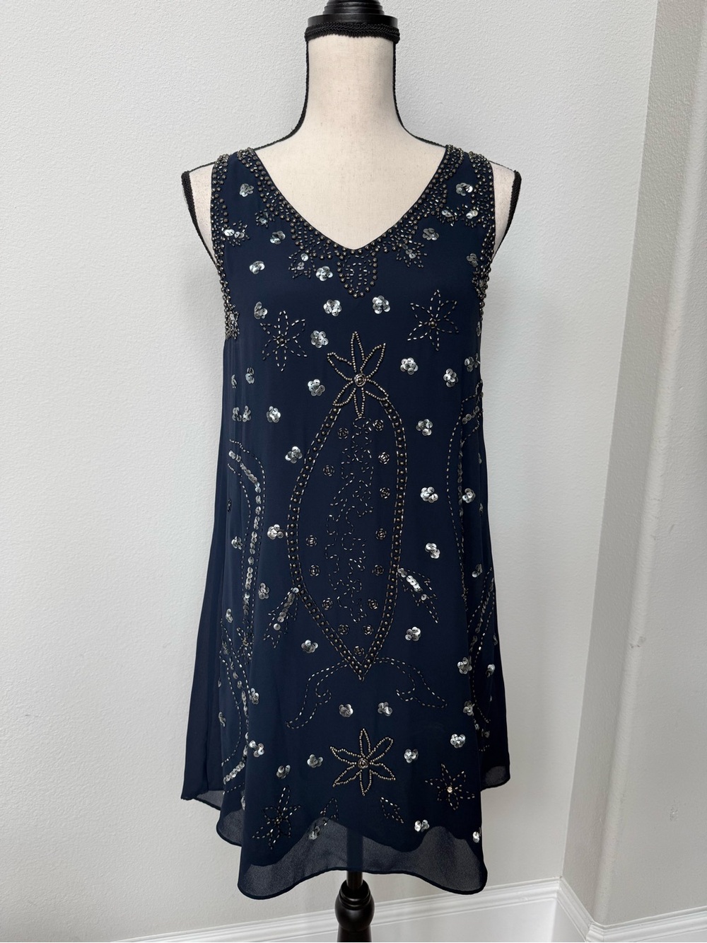 Sleeveless Navy Beaded Sheath Mini Dress